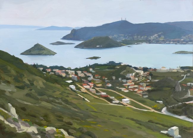View from Mount Perate on Porto Rafti – Oil on Panel, 30×21.5cm, 2022