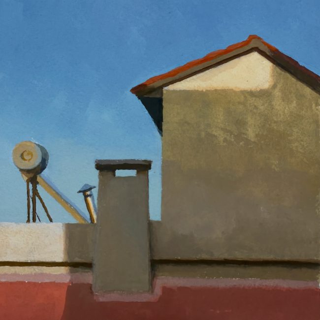 Greek Rooftop at Sundown – Gouache on Paper, 15x15cm, 2022