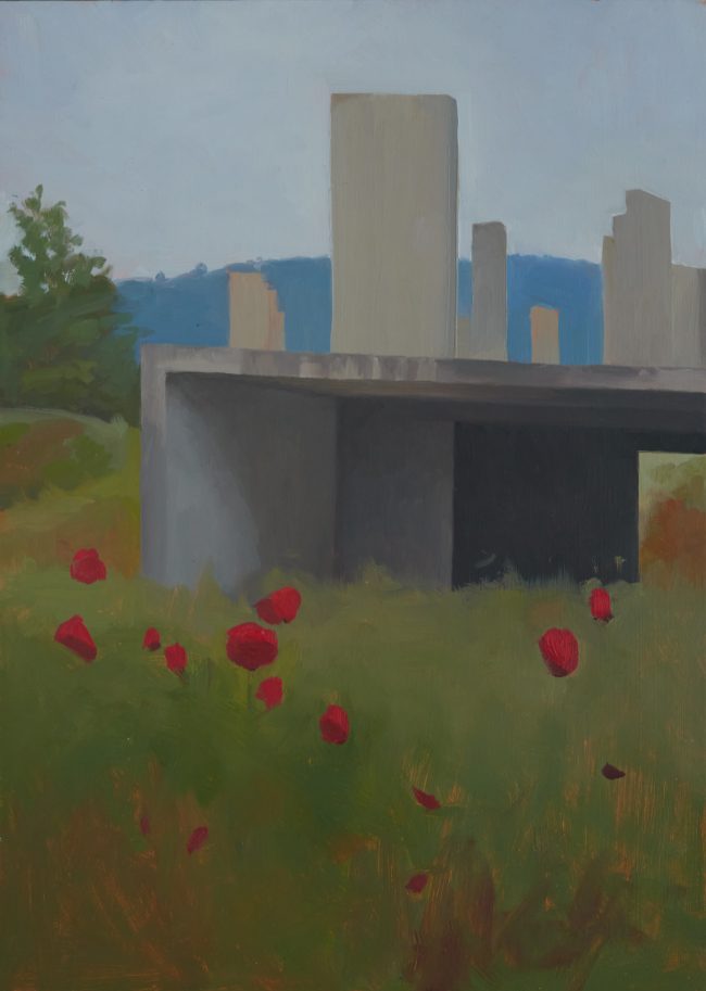Poppies and Ruins – Oil on Panel, 30×21.5cm, 2022