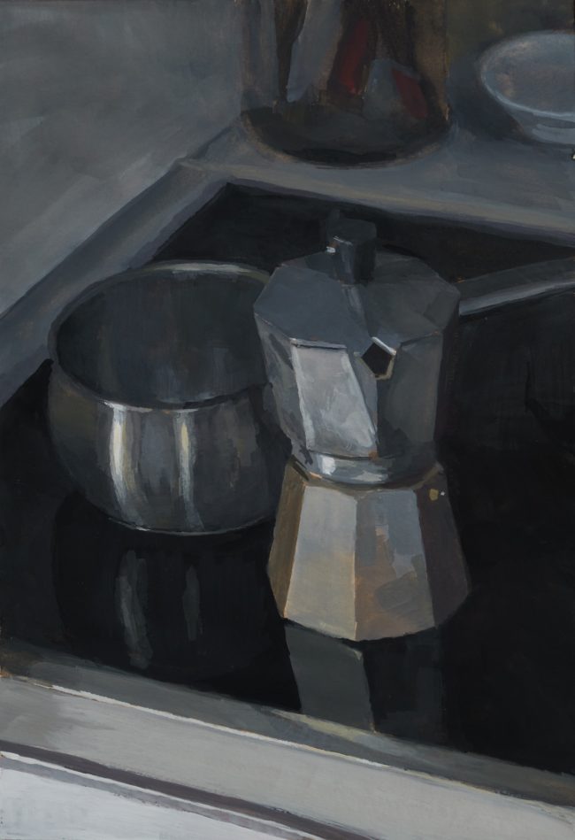 Coffeemaker and Pan – Gouache on Toned Paper, 20x25cm, 2022
